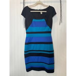 Sangria Blue & Black Stripe Mini Bodycon Dress Cap Sleeve Career Office Size 8